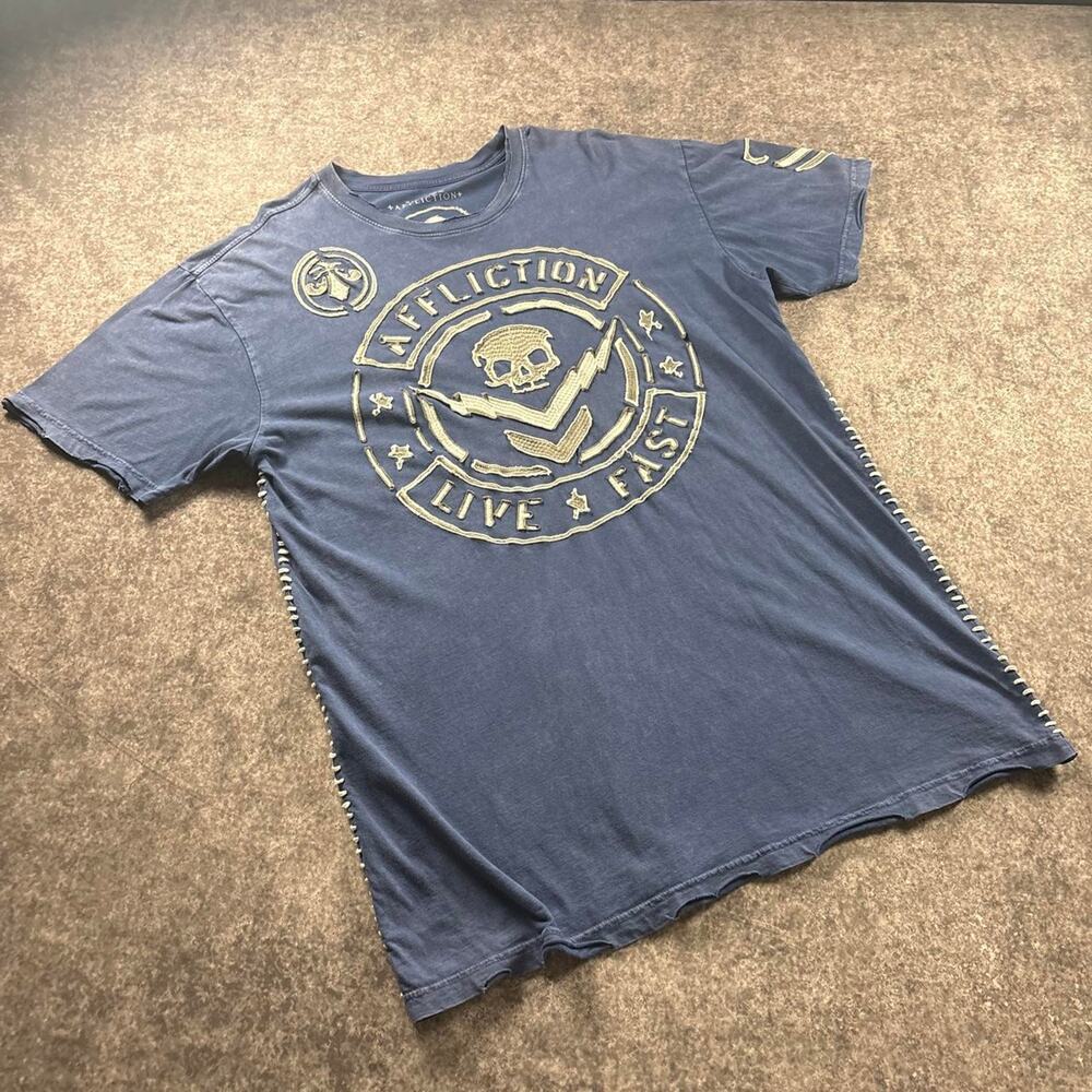 Affliction Live Fast Skull Embroidered Distressed Blue T-Shirt Y2K Mens Size 2XL